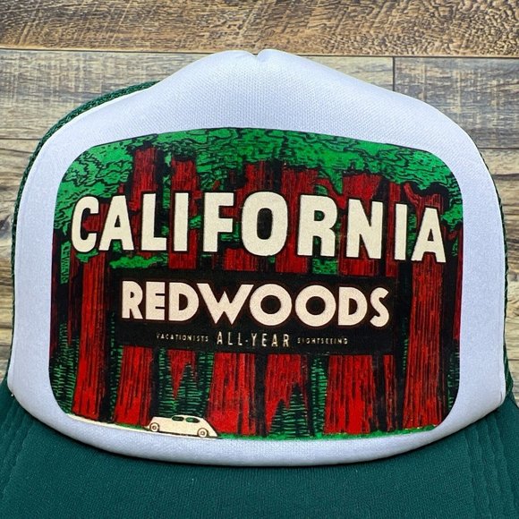 California Redwoods Mens Trucker Hat Green Snapback Retro Logo 70s Baseball Cap - Picture 2 of 7
